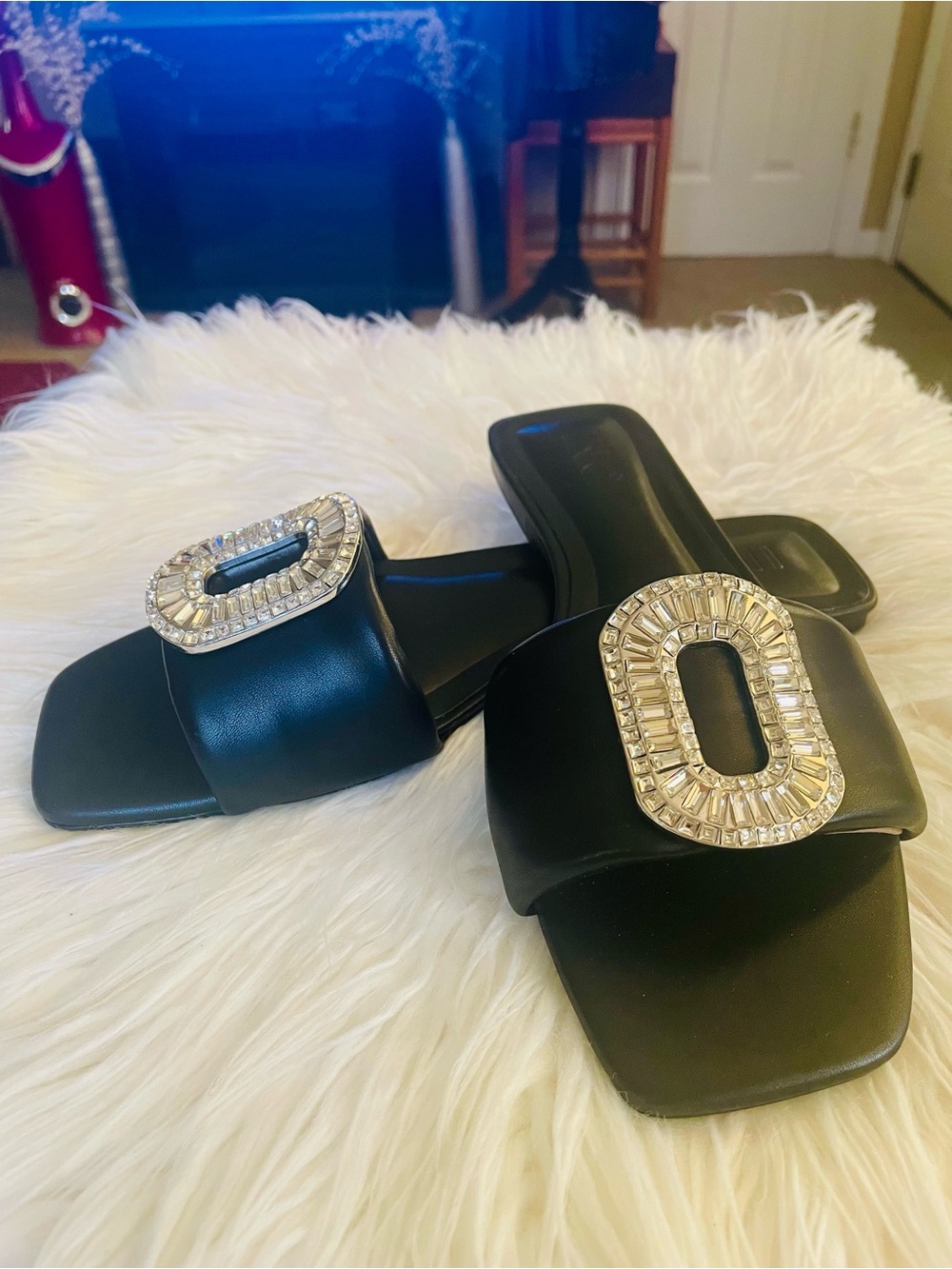 INC International Concepts Black Slide Mules with Crystal Oval Buckle